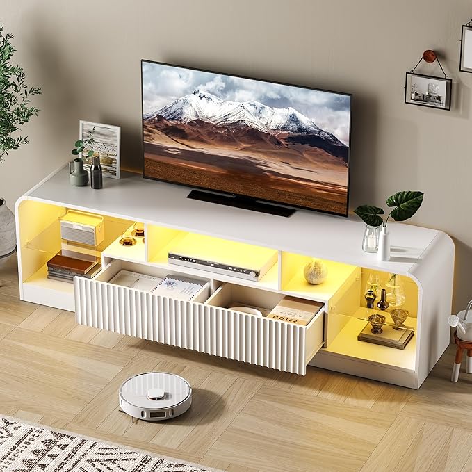 TV Stand for 60/65/70 Inch TVs Modern Curved TV Console with LED Lights 2 Drawers &amp Glass Shelves Living Room Entertainment Center