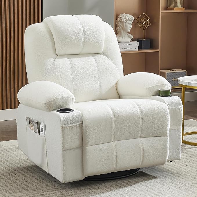 Swivel Rocker Recliner Chair with Heat and Massage Big Oversized Rocking Single Sofa for Living Room 360 Degree Swivel Recliner Chair with Cup Holders and USB Port (Teddy White)