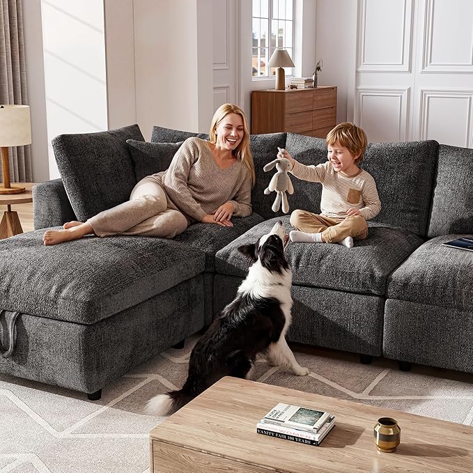 Cloud Modular Sectional Sofa L-Shaped 3-Seat Deep Seat with Storage Ottoman Solid Wood Frame Wide Armrests USB/Type-C &amp Cup Holders Modern Chenille Couch for Living RoomDark Gray