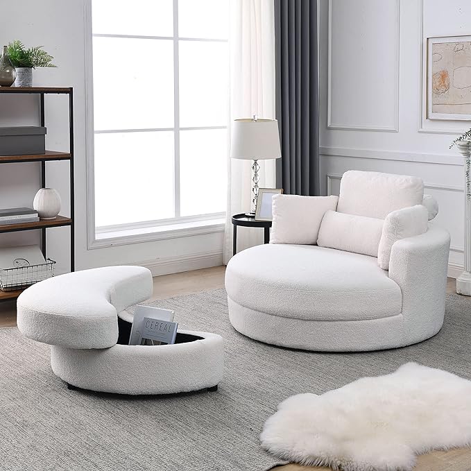 Yoglad Modern Swivel Accent Round Chair Barrel Sofa with Storage Ottoman Oversize Lounge Chair Linen Fabric Round Chair with Pillows for Living Room Office (Lvory 51)