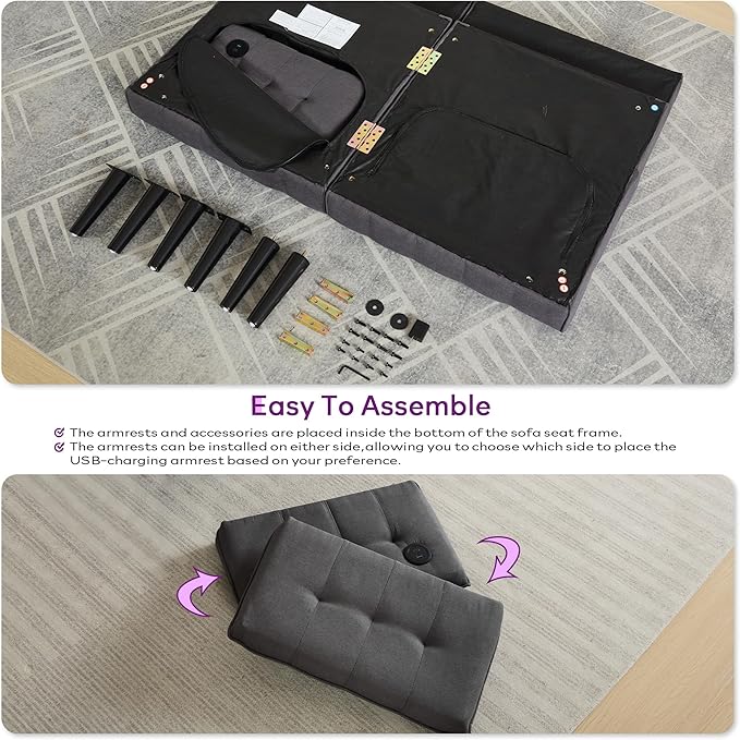 TYBOATLE 65“ Convertible Futon Sofa Bed w/ 2 USB Upholstered Tufted Small Adjustable Folding Couch Loveseat Modern Mid Century Sleeper Sofa for Living Room Bedroom Apartment Office (Dark Grey)