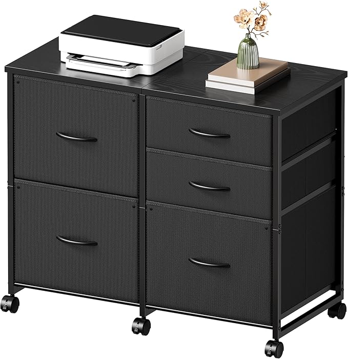 Lateral File Cabinet with 5 Drawers Rolling Filing Cabinets Under Desk Storage Printer Stand with WheelsMobile File Cabinet for Home OfficeBlack