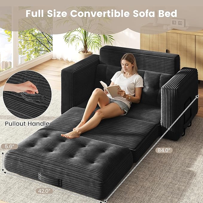 Convertible Sofa Bed 2 in 1 Boneless Couch Bed with 2 Pillows Corduroy Pull out Couch Folding Sofa Bed with Deep Seat Small Loveseat Sleeper Sofa Bed in a Box for Small Spaces No Assembly Required