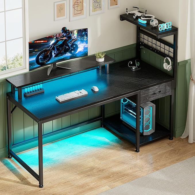 EnHomee 48 Gaming Desk with LED Lights &amp Power Outlets Home Office Desk with Monitor Stand Computer Desk with Drawer &amp Storage Shelves for Living Room Study Room Gaming Room Black
