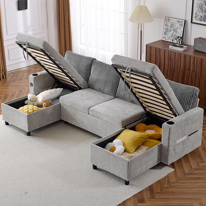 Merax Pull-Out Sofa Bed Sleeper Pull Out Sectional Couch with Storage USB Cup Holder for Living Room Apartment Gray