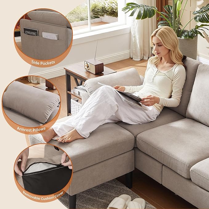 Convertible Sectional Sofa Couch with Ottoman 79 Modern L Shaped 3 Seat Sofa Linen Fabric Small Sectional Couch with Movable Storage Ottoman for Small Spaces Living Room (Beige)