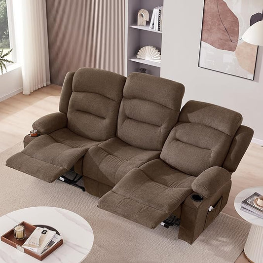 Oversized Recliner Sofa with Massage and Heat Large Big 3-Seater RV Recliner Couch Sofa for Living Room Wall-Hugger Reclining Sofa with Cup Holders and USB Port (Fabric Brown)