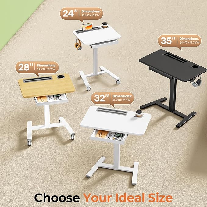 Mobile Standing Desk with Drawer 28 Rolling Desk with Cup Holder and Hooks Portable Laptop Workstation on Wheels Height Adjustable Cart with Storage for Home Office Maple