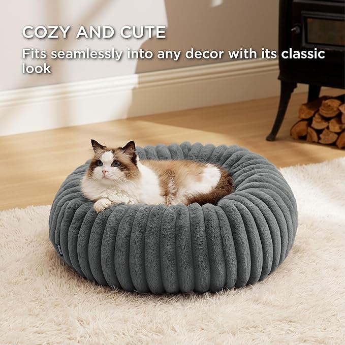 Bedsure ComfyFleece™ Cat beds for Indoor Cats - Donut Dog Beds for Small Dogs with Corduroy Fleece &amp Anti Slip Bottom Faux Fur Pet Beds with Washable Removable Cover Warm Grey 20x20x6 inches