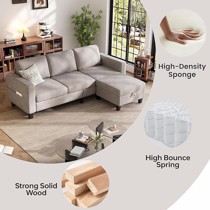 Sectional Sofa and Couches for Living Room 78'' Brown 3 Seat L-Shaped Couch with Movable Ottoman Comfy Linen Convertible Sectionals Sofas with Chaise for Apartment Dorm Small Space