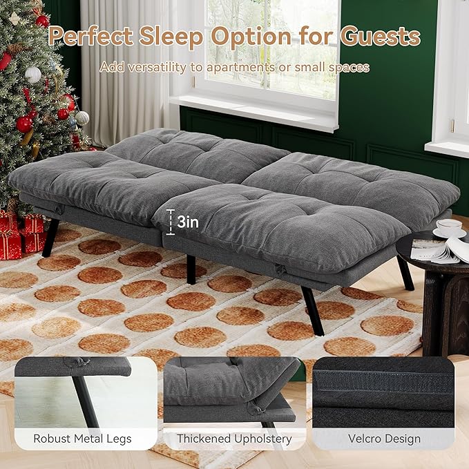 Convertible Futon Sofa Bed71 Modern Fabric Futon Couch with Adjustable Backrest&ampArmrestSmall Loveseat Sleeper SofaDorm Futonsofa for ApartmentLiving RoomDetachable CushionsFog Grey