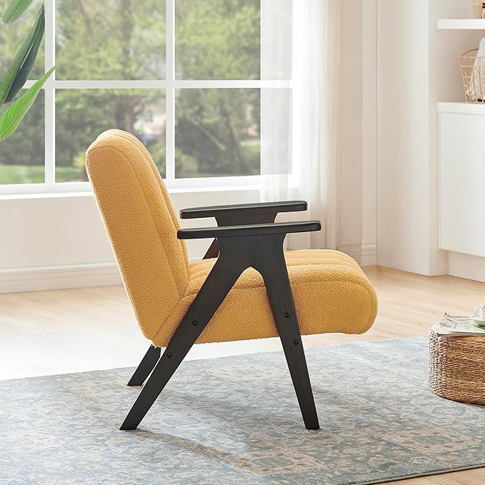 Roundhill Furniture Rella Modern Teddy Sherpa Accent Chair with Espresso Wood Frame Yellow