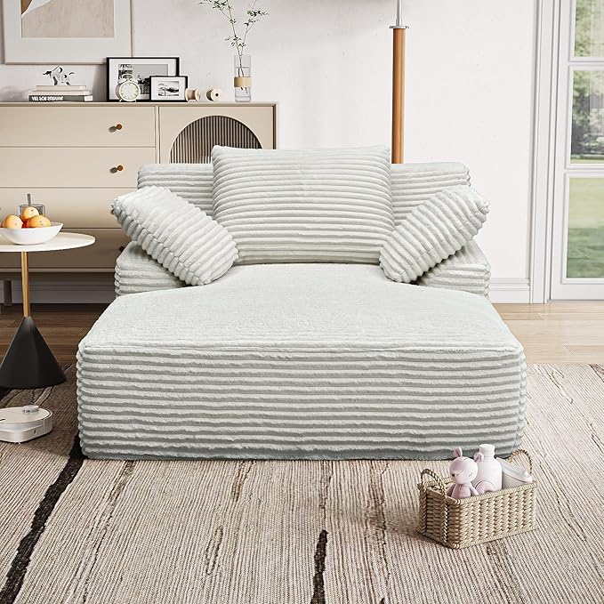 65.3'' Oversized Lounge Chaise Couch with Square Armrest Boneless Chaise Lounge with Cushions Corduroy Single Sofa Chair with 2 Pillows No Assembly for Living Room Apartment White
