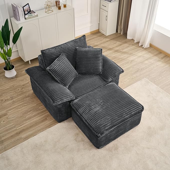 Oversized Armchair with Ottoman Corduroy Reading Chair for Bedroom &amp Living Room Modern Floor Sofa Chair Comfy Lazy Lounge Chair No Assembly Required Grey