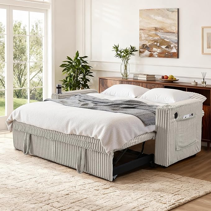 65in Sleeper Sofa Bed Convertible Pull Out Couch with Small Table| USB Port | Cup Holder | Corduroy Fabric | Adjustable Backrest for Apartment Office Bedroom Guest Room (LightGrey)
