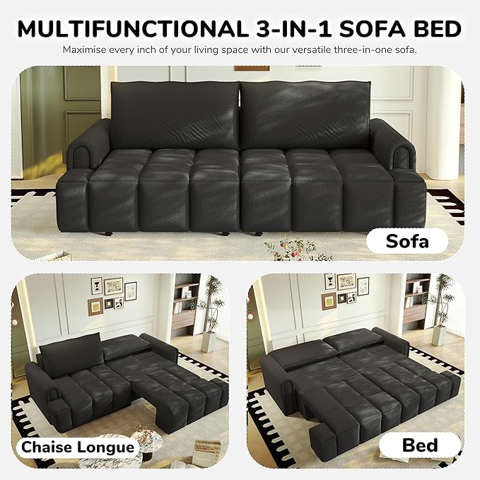 90 Comfy 4-Seater Modern Teddy Sofa with Seats Storage King Size 3-in-1 Convertible Sleeper Sofa Bed for Living Room (Black)