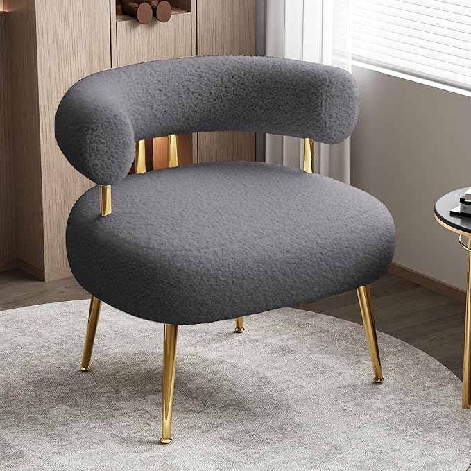 Mid Century Sherpa Boucle Accent Chair Round Upholstered Barrel Arm Chair for Small Spaces Fluffy Side Corner Sofa Chair for Living Room Bedroom Vanity Office Reading Nook(Grey)