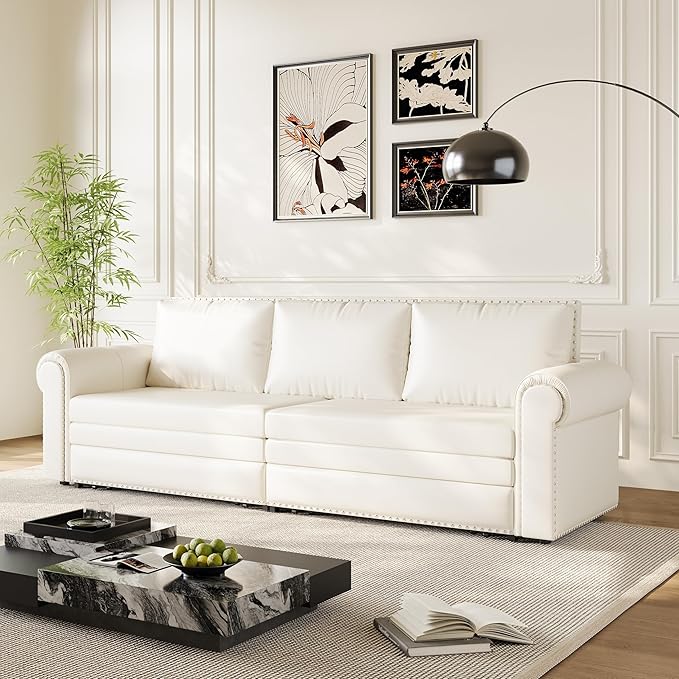 93.7 King Pull Out Sofa Bed Faux Leather Sleeper Sofa Couch 3 in 1 Convertible Futon Couches for Living Room Small Space Apartment Office Bedroom Modern Rivet Armrest Cream White