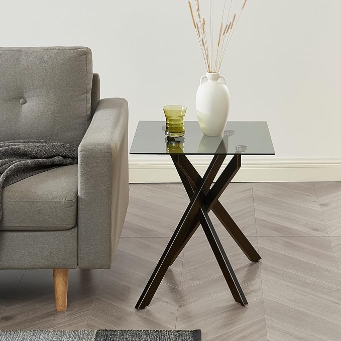 Edwin's Choice Black Square Glass Side &amp End Table with Grey Tempered Glass Top and Black Metal Tubular Legs with Gold Rim 20”Dx20”Wx22”H