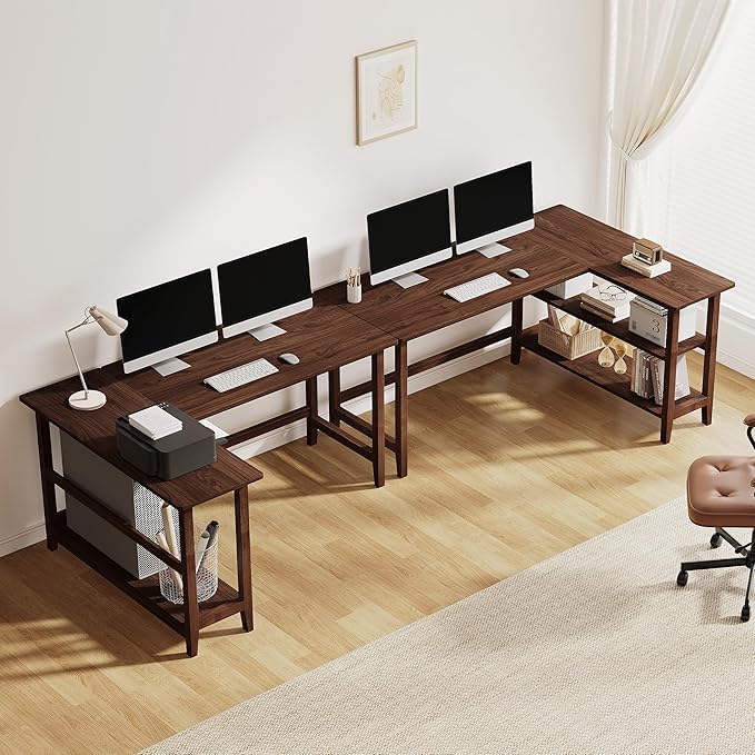 IOTXY Reversible L-Shaped Office Desk - 63 Extra Large Corner Computer Table with Storage Shelves Solid Wood Legs Home Writing &amp Study Workstation Walnut