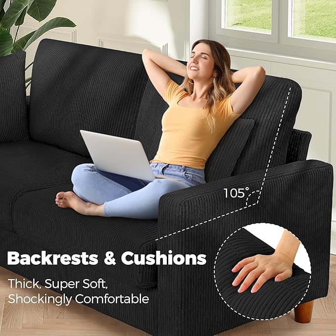 Kidirect 70in U Shaped Couch Modular Sofa No Tool Assembly Comfy Sectional Couches for Living Room 21in Deeper Seats Corduroy Sofas for Living Room with 2 Pillows Loveseat Sofa Set Black Couch |