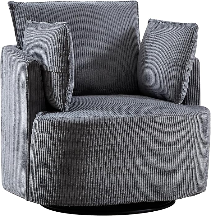CANMOV Swivel Accent Chair 360°Swivel Barrel Chair with 3 Pillows Comfy Corduroy Round Armchair Single Sofa Chair for Living Room Bedroom Reading Room Dark Grey