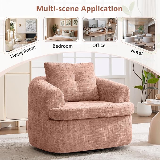 Merax 360° Swivel Sofa Chair Chenille Fabric Accent Barrel Chair 36.6 Swivel Round Chair with Dual-Layer Cushion Design for Living Room Bedroom Office and Hotel Pink