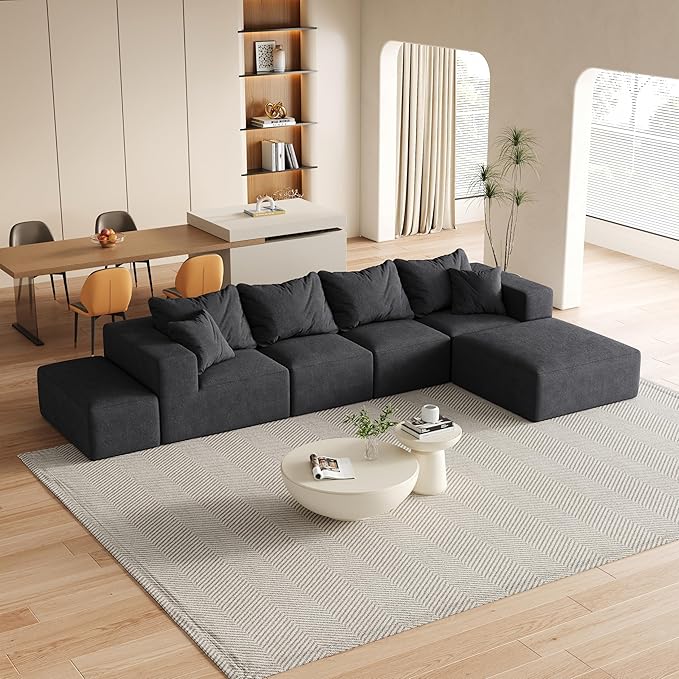 KEIKI 132 Boneless Sofa with Ottoman L Shaped Corner Couch Upholstered Corduroy Free Combination Sectional Couch for Living Room Bedroom Black