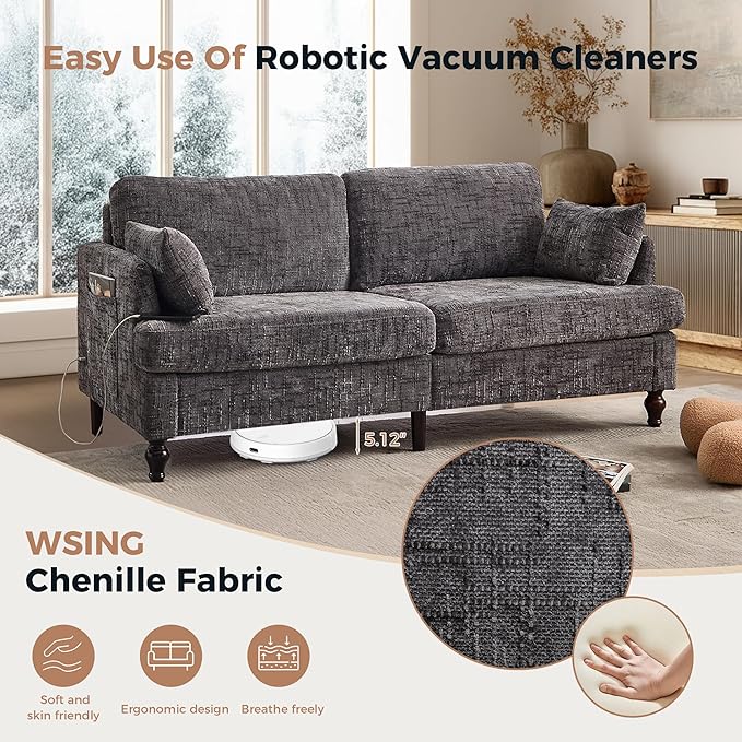 69 Loveseat Couch 2-Seat Upholstered Sofa Couch Mid-Century Modern Tufted Sofa with USB Charger LED Lights and Side Pocket Chenille Fabric Couches for Living Room Apartment (Gray)