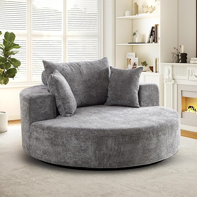 55 W Oversized Round Swivel Accent Barrel Chair360 Degree Chenille Upholstered Comfy Chaise Lounge Chair IndoorModern Deep Seat Single Sofa Armchair for Living RoomBedroomOffice(Grey)