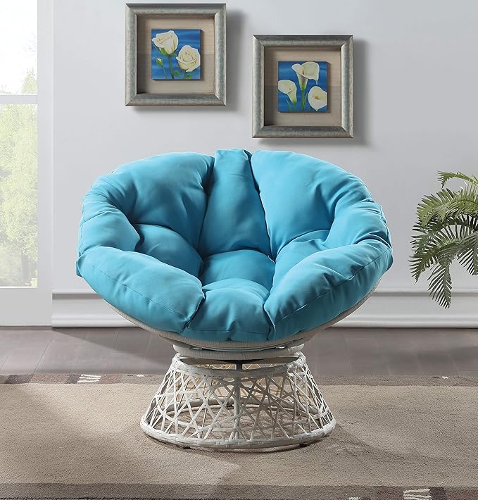 OSP Home Furnishings Wicker Papasan Chair with 360-Degree Swivel Cream Frame with Blue Cushion