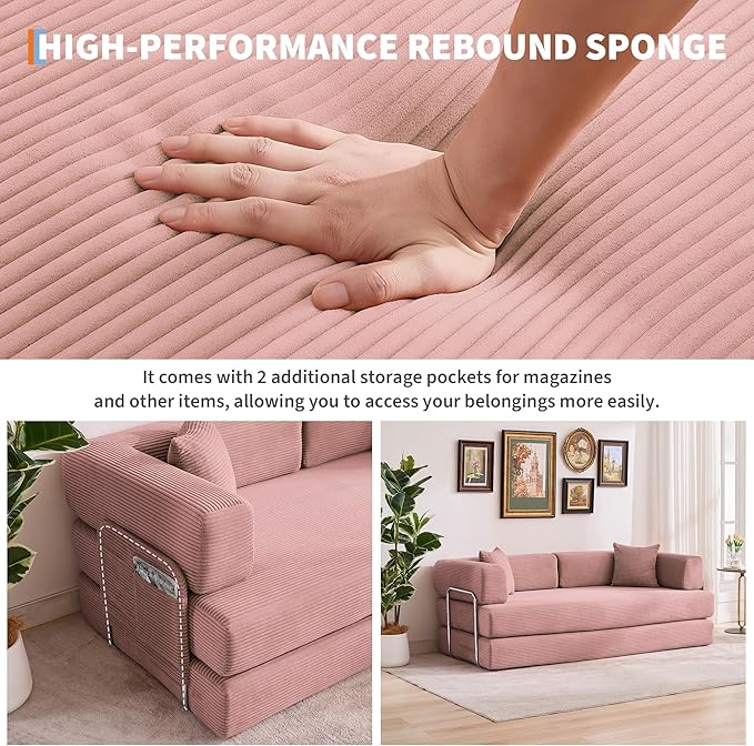 Convertible Sleeper Sofa Bed 78.8 Floor Sofa Bed 5-in-1 Folding Mattress Couch Loveseat with Fixed-Shape Frame Pillow Corduroy Fabric for Living Room Bedroom Lounge (Pink)