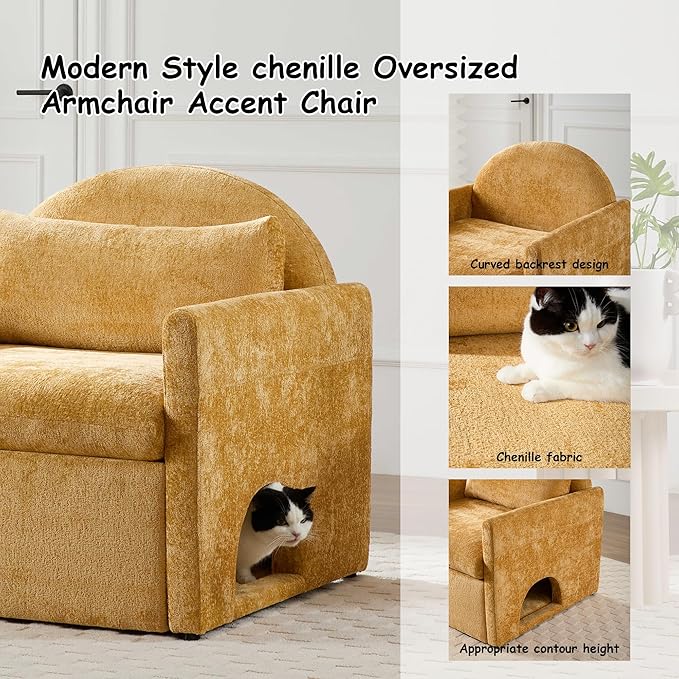 Single Sofa ChairModern Chenille ArmchairLounge Chair with Cat DedYellow Chairs for Living Room BedroomRemovable Washable Covers
