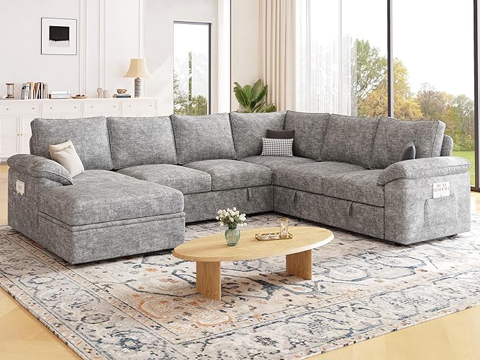 108 Inch Modular Sectional Sofa with Pull Out BedU Shaped 7 Seat Sectional Sleeper Sofa with StorageSectional Couches for Living RoomCloud Modular CouchRemovable Sofa CoverLight Gray
