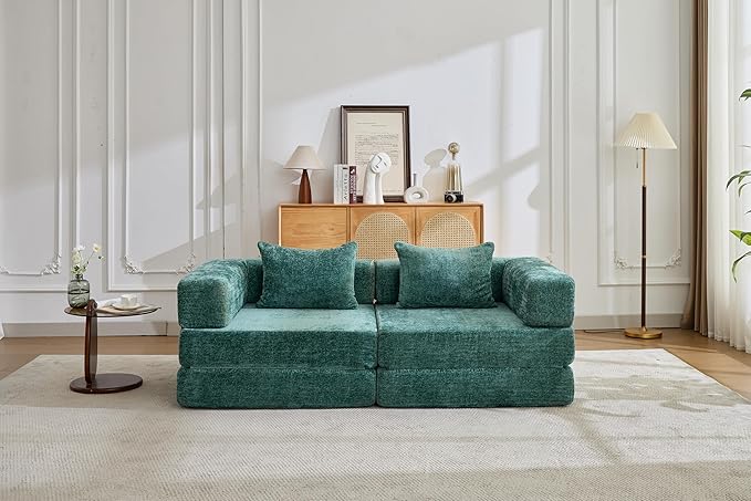 Convertible Floor Sofa Bed 3-Seat Modular Sectional Chenille Fabric No Assembly Required 118 inches Beige (2 Dark Green)