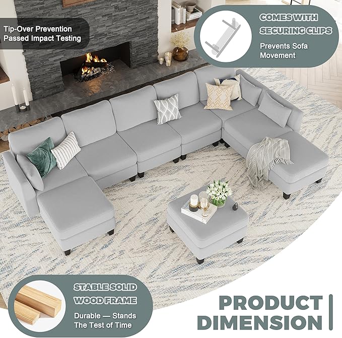 Modular Sectional Sofa Comfy Cloud Couch Sectionals Convertible Modular Couch with High Density Memory Foam 6 Seat U Shaped Sectional Couches for Living Room Washable Cover Light Grey | Comfortab