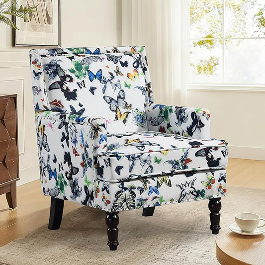 Accent Chair Modern Comfy Mid-Century Accent Chairs Linen Upholstered Wingback Lounge Arm Chair with Solid WoodSingle Floral Pattern Sofa Chair for Living Room/Office/Balcony/Bedroom
