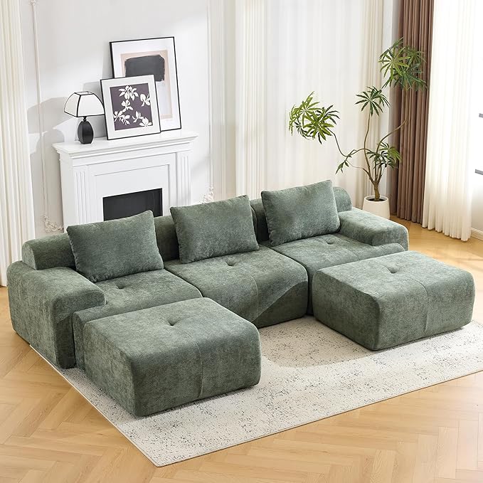 120.5 Modular Sectional Sofa Chenille Upholstered Boneless Couch Modern Deep Seat Cloud Sectional Couches for Living Room Oversized U-Shaped Couch with 2 Ottoman No Assembly Green