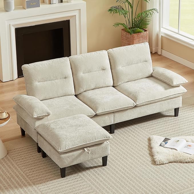 86'' Chenille Sofa with Storage Ottoman Modern Living Room Sofa with Removable Washable Cushion 3 Seater Comfy Couch for Apartment Bedroom Office (Beige)