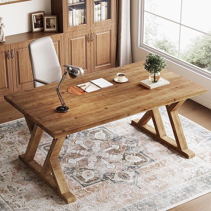 63 Solid Wood Executive Desk for Home Office Farmhouse Wooden Large Office Computer Desk Writing Study Table Business Workstation with X Shaped Legs Rustic Brown