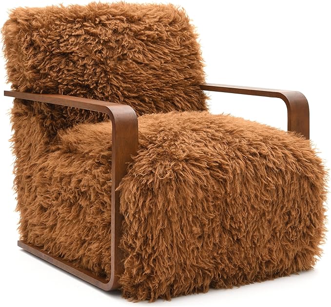 Furniture of America Ramos Modern Lounge Chair with Ultra Soft Faux Fur Long-Haired Accent Sofa Tight Seat and Back Single Couch Fluffy Living Room Seating No Assembly Needed Camel Brown