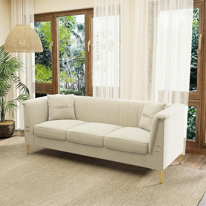 84'' L Modern 3 Seater Beige Velvet Sofa Couches with Metal Gold Legs for Living Room Mid Century Classic Tufted Chesterfield Sofa for Apartment