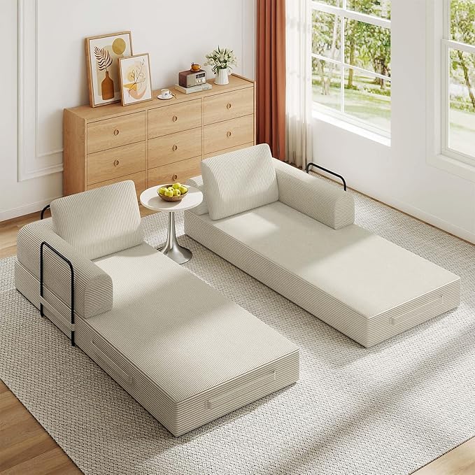 Convertible Sleeper Sofa Bed 3-Seat Corduroy Futon Couch with Cylindrical Pillow Foldable Mattress for Living Room &amp Bedroom 79 Inch Multi-Functional Sofa (Beige)