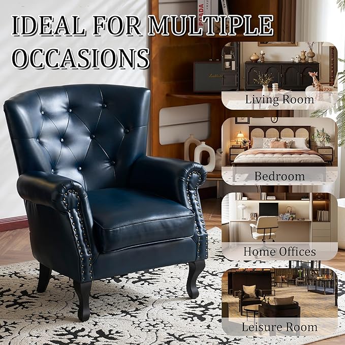 Modern Accent Chair Mid-Century Faux Leather Armchair with Solid Wood Legs Single Sofa Club Chair for Living Room Bedroom Leisure Room Reading Room(Navy)