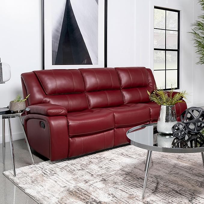 Coaster Home Furnishings - Camila - Fabric - Upholstered Motion Reclining Sofa with Wall-Hugger Design Padded Armrests and Plump Cushions - Living Room - 30-Inch - Red - 610241