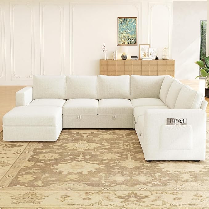 106.7 Sectional Sleeper Sofa with Pull Out Couch Modern 7 Seat U Shaped Modular Couch Sectionals Modular Sofa with Storage Comfy Sectional Couches for Living Room &amp Apartment Light Beige