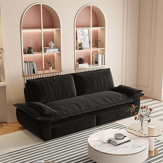 73.2 Queen Size Pull Out Sofa Bed 3-in-1 Convertible Sleeper Velvet Loveseat for Living Room Apartment Bedroom Small Spaces Black (Mattress &amp Bedding Not Included)