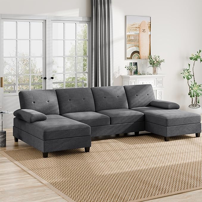 Walsunny Sectional Couches for Living Room Convertible U-Shaped Sofa Couch with Double Chaise 4 Seat Sofa Set Modular Sectional Sofa for Living Room Apartment Bedroom Black