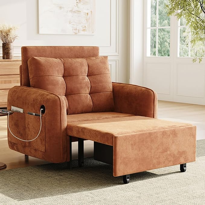 3-in-1 Convertible Sleeper Chair Bed Multi-Functional Chenille Single Sofa Bed with Storage Pockets and Box 80 Extra Long Pull Out Sleeping Lounge Chair for Living Room &amp Apartment (Orange35)