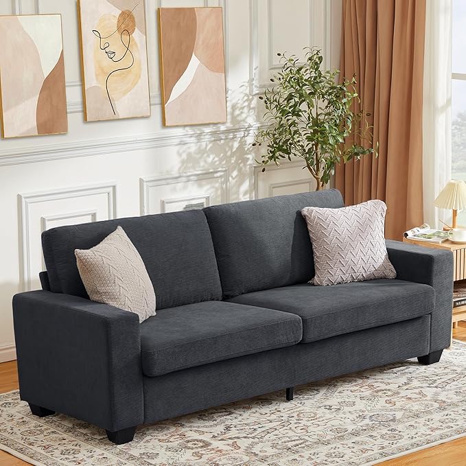 Modern Deep Seat Sofa Couch 84” – Plush Corduroy Cloud Loveseat Oversized Comfy Beige Couch for Living Room Bedroom Apartment Durable 850 lbs Capacity Easy Assembly
